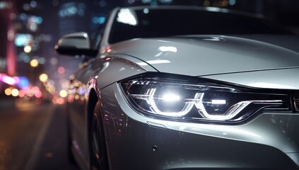 Close-up of a silver car's headlights at night