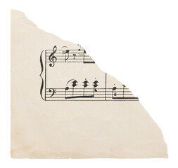 Tear corner of music sheet, old vintage yellowed paper with notes isolated for scrapbooking