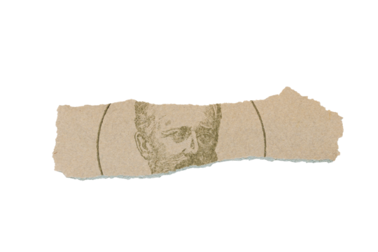 Fragment of portrait composer Tchaikovsky on scrap of old vintage faded paper isolated for design