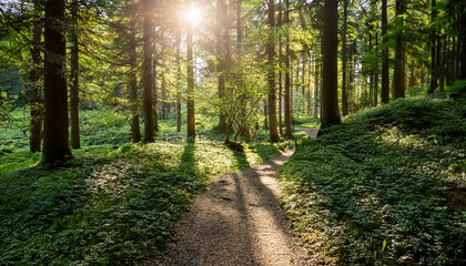 Obraz premium lush green forest path with sunlight filtering through trees creating serene atmosphere