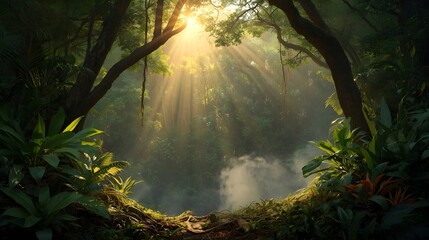 Obraz premium sun rays through the forest