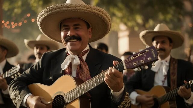 Smiling mariachi musician playing guitar with band outdoors in festive atmosphere