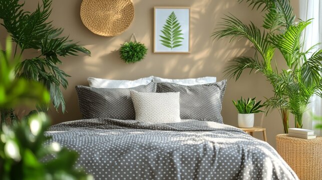 Elegant bedroom with sunlight highlighting the bed, dressed in grey polka dot linens, combining comfort and modern lifestyle aesthetics.