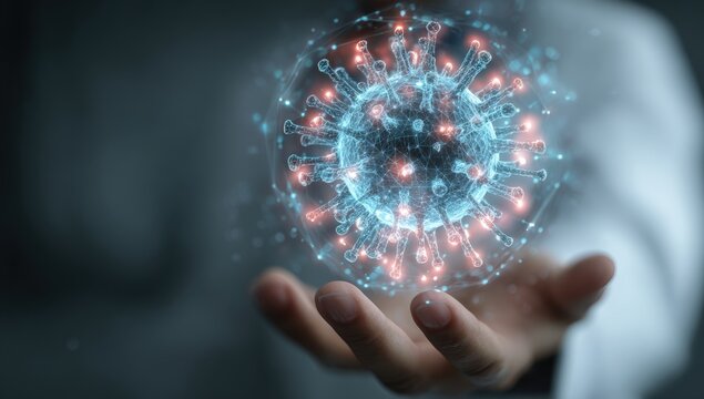 Hand holding a holographic virus model