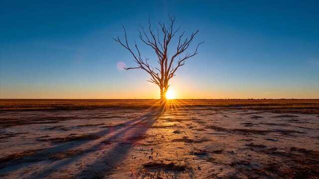 A lone, barren tree casts long shadows across a vast, parched landscape at sunset.