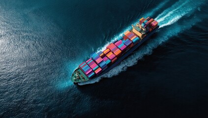 Aerial view of a cargo ship sailing across the ocean