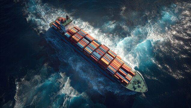 Container ship navigating rough seas