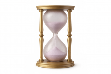Pink sand falling inside hourglass with golden frame, measuring passing time on transparent background