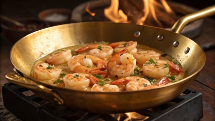 Golden pan with shrimp scampi cooking over a flame on a dark wooden surface in a restaurant setting