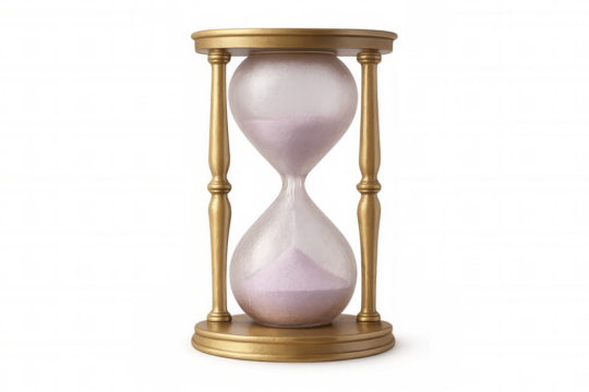 Pink sand falling inside hourglass with golden frame, measuring passing time on transparent background