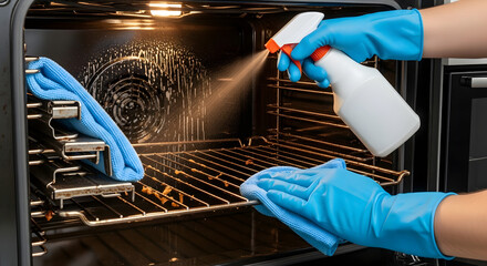 cleaning dirty oven with spray and cloth gloves home