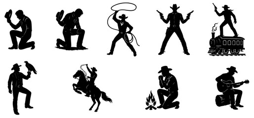 Set of cowboy silhouettes — cowboy kneeling with hat, praying on one knee, swinging lasso, with two revolvers, on train with gun, with eagle, riding horse, playing harmonica by campfire, with guitar
