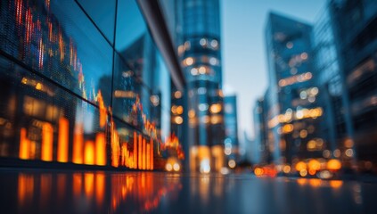 Financial data displayed on a building's glass facade at twilight