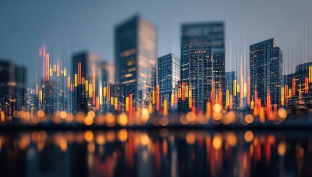 City skyline overlaid with financial data