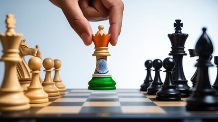 India chess strategy concept hand moving indian flag queen piece on chessboard game competition power play