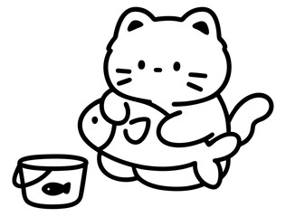 Cat with Big Catch — happy fishing cat proudly holding a huge fish, bucket full of fresh seafood by his side