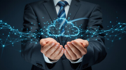 Cloud computing technology businessman holding digital cloud data network innovation concept