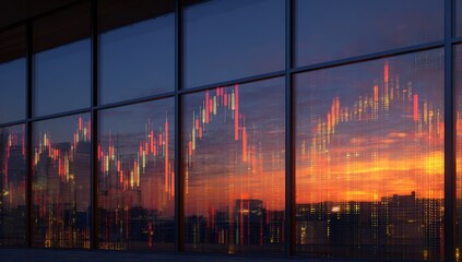 Financial charts reflected in a modern building's windows at sunset