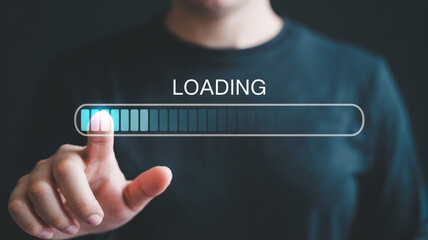 Loading bar concept for website design and mobile apps with finger pointing at progress indicator bar