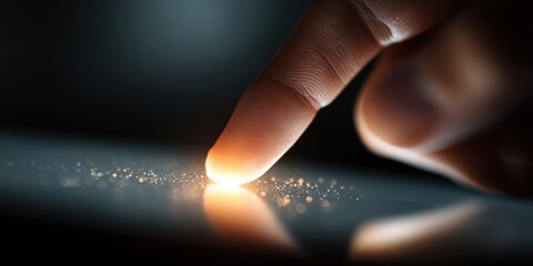 Fingertip touching a glowing tablet screen