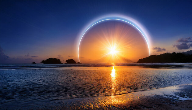 umbral majesty sun s corona ablaze above a tranquil tropical nocturne seascape