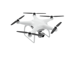 Modern white quadcopter drone with camera gimbal and propellers isolated on transparent background