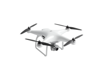 Modern white quadcopter drone with camera suspended beneath it captured in detail isolated on transparent background
