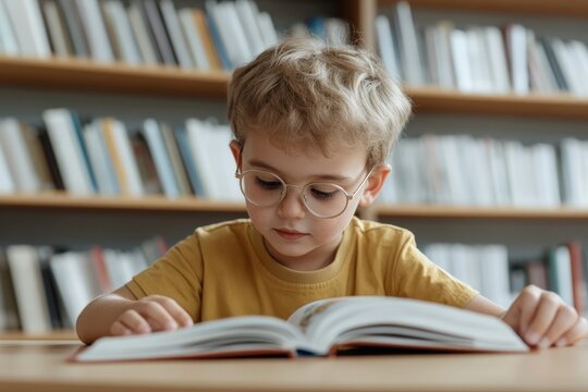 Cute child reading a book in the library wearing eyeglasses