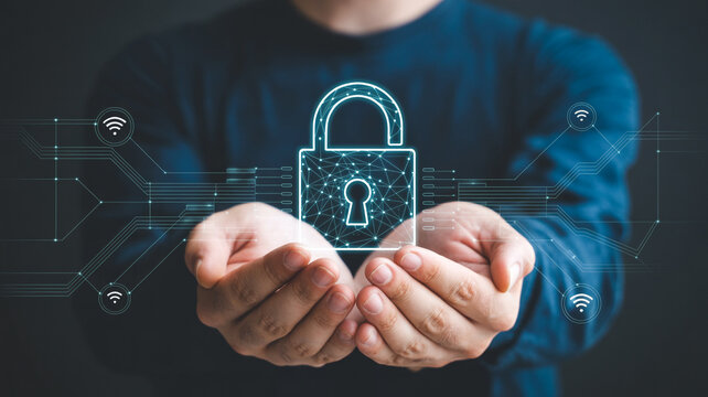 Cyber security concept man holding digital padlock data protection and network security technology 100