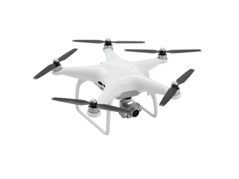 Modern white quadcopter drone with camera gimbal and propellers isolated on transparent background