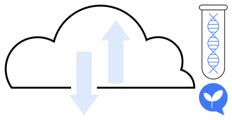 Cloud with arrows indicating data flow, test tube with DNA strand, and sprouting plant icon. Ideal for biotechnology, cloud computing, sustainability, research, innovation, data sharing simple flat