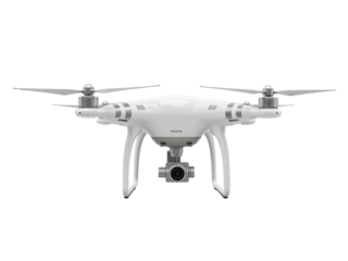 Modern white quadcopter drone with camera gimbal and propellers isolated on transparent background