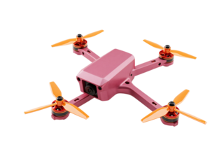 A bright pink quadcopter drone with orange propellers captured from a high angle isolated on transparent background