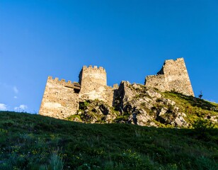 Obraz premium Ruined castle on a hillside under a clear sky