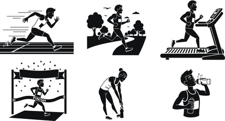 Black and white fitness illustration showing running, jogging, treadmill workout, race finish, strength training, and hydration scenes for healthy lifestyle inspiration