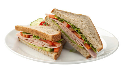 Deliciously prepared whole wheat sandwiches filled with fresh ingredients isolated on transparent background