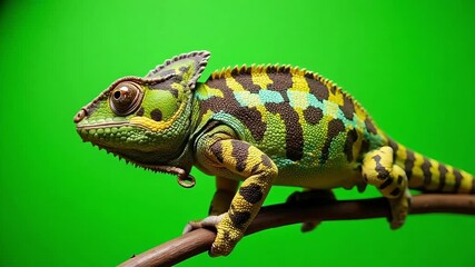 Vibrant chameleon perched on a branch, showcasing stunning colors against a vivid green background, perfect for nature documentaries and educational content - Powered by Adobe