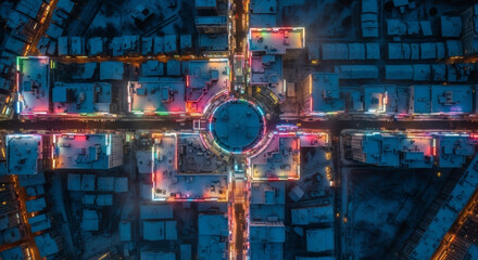 Aerial view of a city intersection with vibrant nighttime lights and traffic