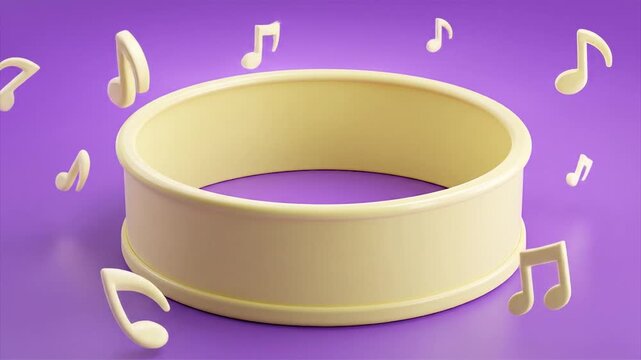 A light beige ring-shaped object sits on a vibrant purple surface, surrounded by musical notes.