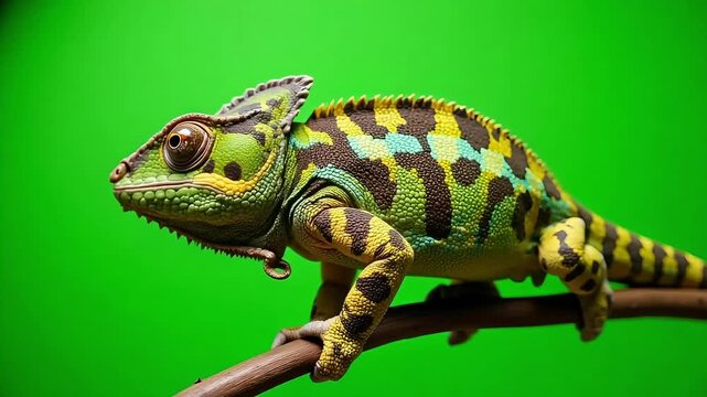 Vibrant chameleon perched on a branch, showcasing stunning colors against a vivid green background, perfect for nature documentaries and educational content