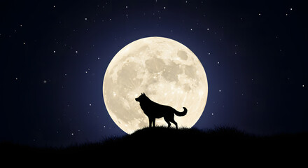 Moonlit Serenade: A lone wolf silhouette, bathed in the silvery glow of a full moon, serenades the night with its haunting howl against a backdrop of stars.