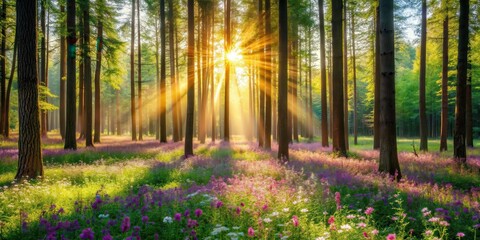 Obraz premium Serene forest landscape with tall trees and vibrant wildflowers blooming under sunlight filter, vegetation
