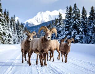 Naklejka premium Bighorn Sheep Winter Mountain Road.