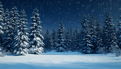 Obraz premium Snowy evergreen trees stand silently in a winter forest under a starry night sky, creating a peaceful and magical atmosphere.