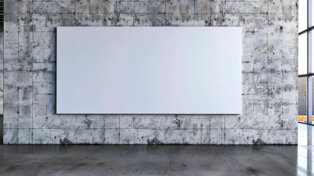 Canvas Display on Concrete: An expansive empty canvas is mounted on a textured, weathered concrete wall in a modern, spacious room, offering endless creative possibilities. 