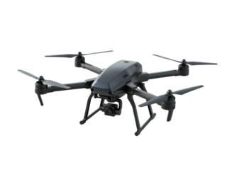 Modern quadcopter drone with four propellers and camera viewed from above isolated on transparent background