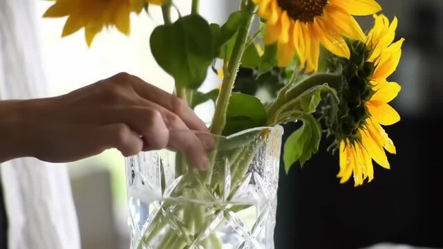 Hands arranging sunflowers in a glass vase