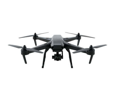 Modern quadcopter drone with four rotors and propellers viewed from above isolated on transparent background
