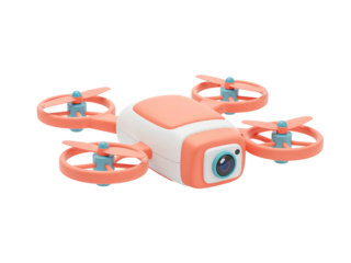 Compact orange and white mini drone with camera and propellers isolated on transparent background