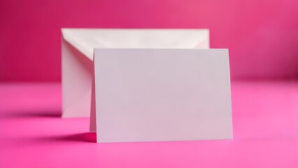 Blank white card and envelope on pink background